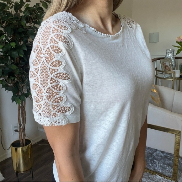 Sandro Paris White Short Embroidered Lace Sleeves Crew Neck Size L - Picture 3 of 13
